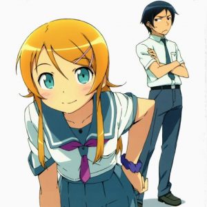The titular little sister Kirino leaning forward in the foreground while the older brother Kyousuke glares at her behind her back with his arms crossed