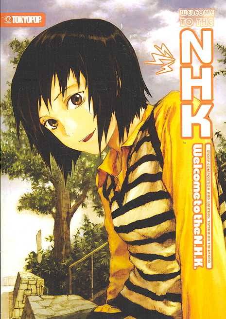 Cover of the Welcome to the N.H.K. novel showing Misaki sitting outdoors, a tree in the background and a blue sky above, smiling at the camera