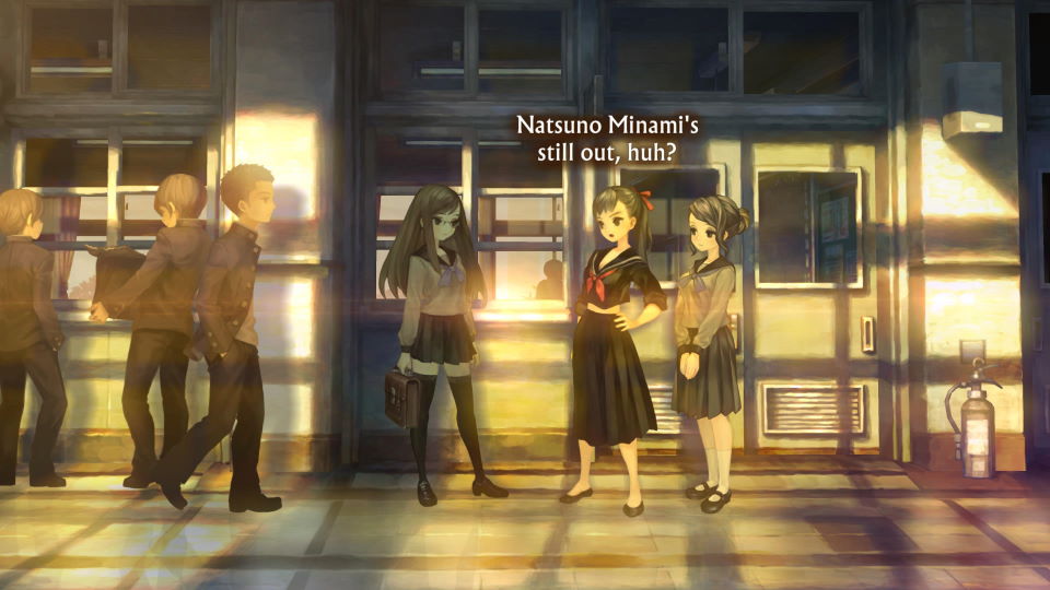Screenshot showing the hallway of a typical Japanese high school. In the background are two male students carrying some boxes and another male student walking in front of them. At the centre of the screen are three high school girls in uniform, with one wearing glasses and black leggings, and another dressed in a perfect and by the rules uniform. The last girl stands out for wearing a completely different black uniform and standing confidently arms akimbo. Over her is displayed the sentence, "Natsuno Minami's still out, huh?"
