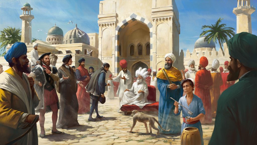Loading screen from Europa Universalis V showing European merchants greeting an Arab leader in a sunny plaza in the Middle East, which the developers identify as the Mameluke governor of Damascus greeting Venetians